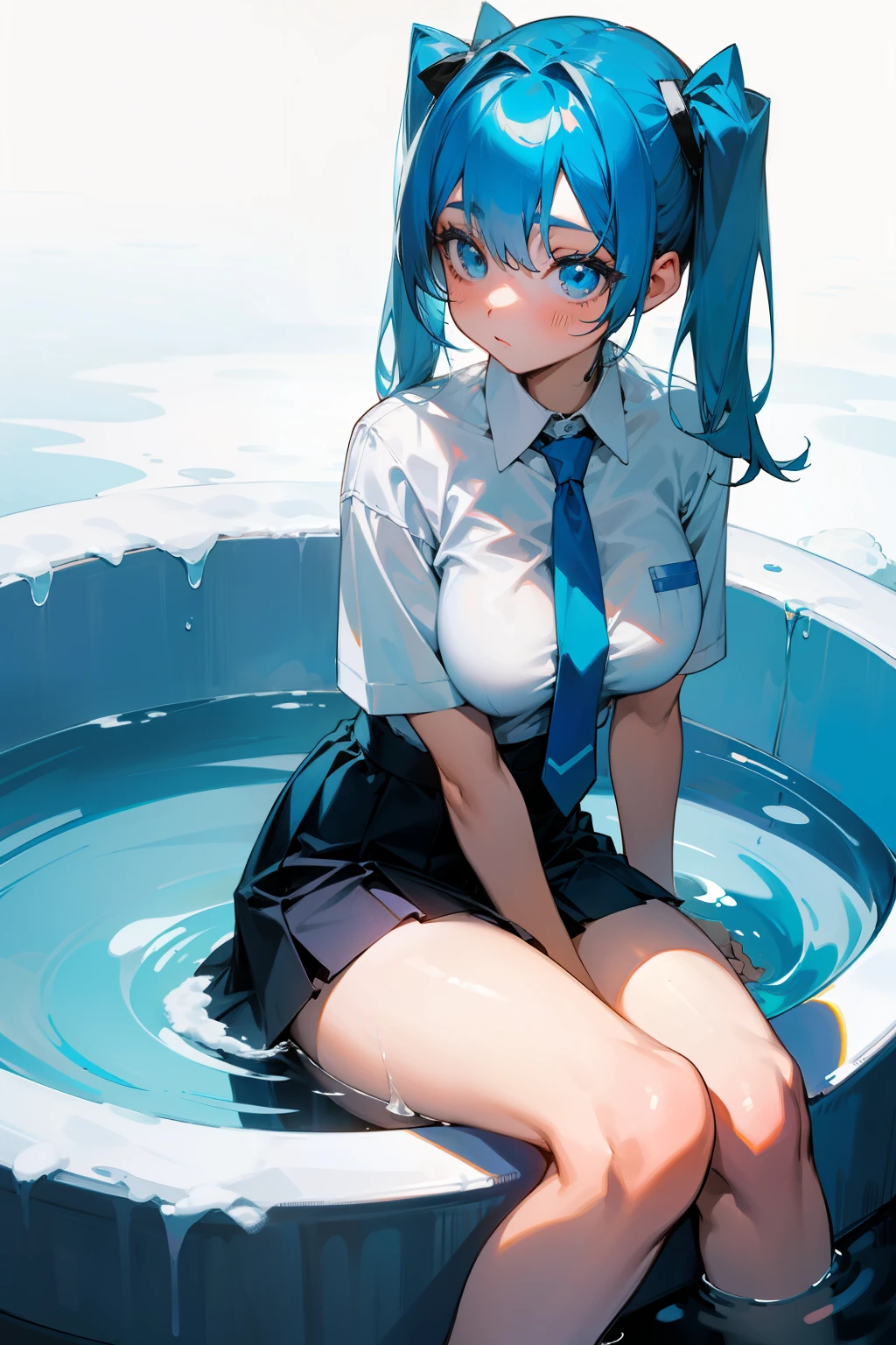 Cute girl, blue hair, pigtails, white shirt with very short sleeves, blue tie, short black skirt, sitting in a glass of water and in the snow, big breasts