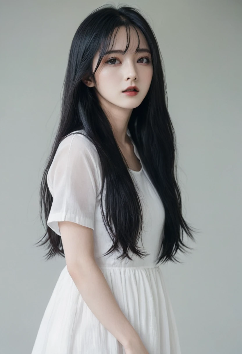 A pretty girl, long messy black hair, white dress top, baddie, pale skin, Korean, cinematic