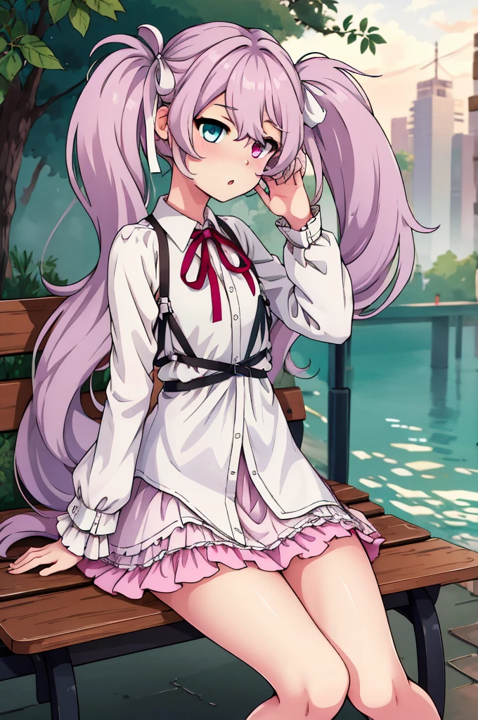 masterpiece, best quality, highres, nigomiku, heterochromia, aqua eyes, pink eyes, white skirt, sitting, table, bench, :o, outdoors