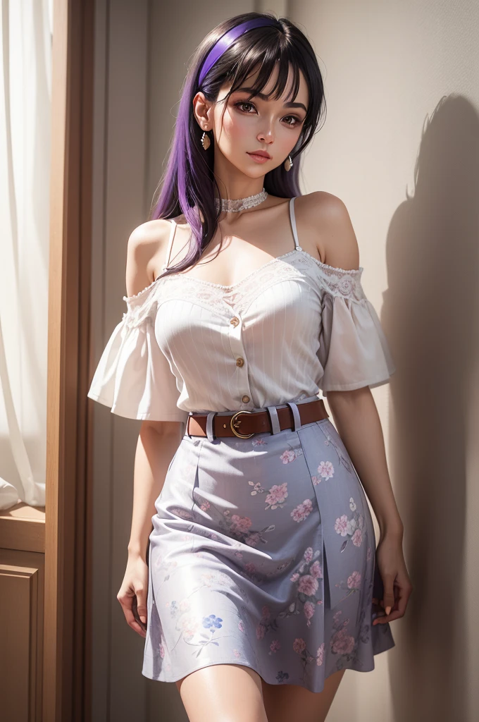 Woman, 30years, A short-sleeved blouse, Made lightly, flowing fabric, Printed with floral patterns in soft shades of blue and white. Features a V-neckline and gathered details on the shoulders; Medium length round skirt, in pleated fabric in pastel color, SOM um tom de rosa suave. The skirt has an elastic waist for comfort and movement; A pair of ballet slippers in a neutral shade, SOM , to add a touch of delicacy to your look;A light knit cardigan in white, perfect to wear on cooler days. It is slightly transparent, showing the print of the blouse underneath; A thin and delicate belt to mark the waist and a pair of pearl earrings, adding a touch of elegance to the set. A white leather shoulder bag completes the look. artistic work, perfection, blue dark hair, Surrealism, 8K, super detaill. Purple highlights in hair,  smilling 