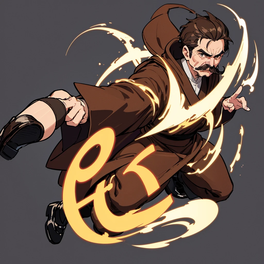 ((((Solo))))、Highest quality, Best Quality,Best illustrations、middle ages、(((Simple brown robe、Black shoes)))、(40-year-old uncle、mature、Kaiser moustache)、(get annoyed、Open your mouth)、fight、Flighting Pose