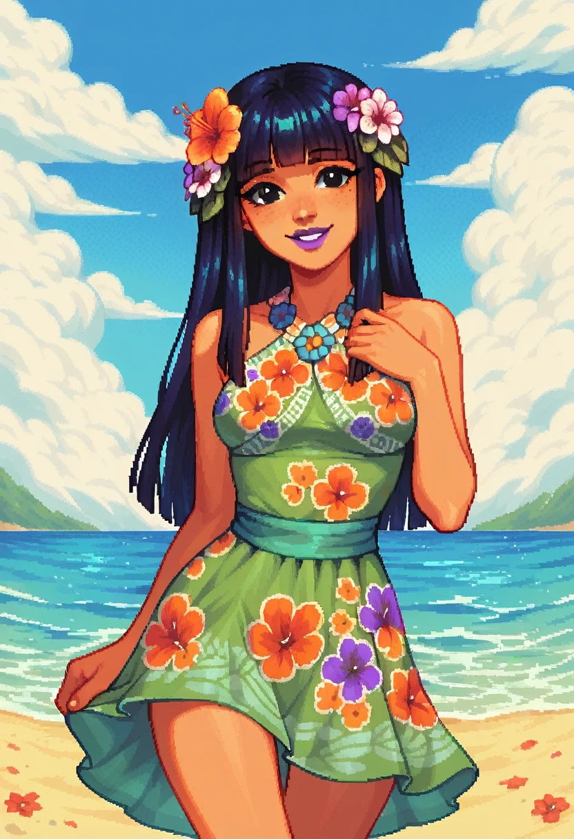 score_9, score_8_up, score_7_up, pixel art, 1girl, beach background, Polynesian, traditional Polynesian dress , sunny, lovely, hime cut hair, gentle smile, purple lips, black eyes, flowers in hair