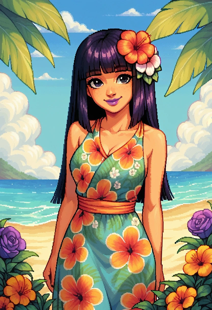 score_9, score_8_up, score_7_up, pixel art, 1girl, beach background, Polynesian, traditional Polynesian dress , sunny, lovely, hime cut hair, gentle smile, purple lips, black eyes, flowers in hair