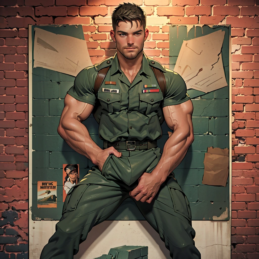 32k, high quality , detailed face , detailed hands , detailed muscles , stephen amell standing and posing as a military man ,standing with spread legs, showing his muscles and bulge , ((background brick wall with lot of army posters ))