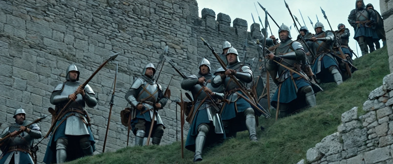 score_9, score_8_up, score_7_up, source_photo, photography, photorealistic, detailed, cinematic angle, rating safe, from below, Wide shot, Medieval soldiers on the ramparts with crossbows at the ready, masterpiece, best quality, 8k,
