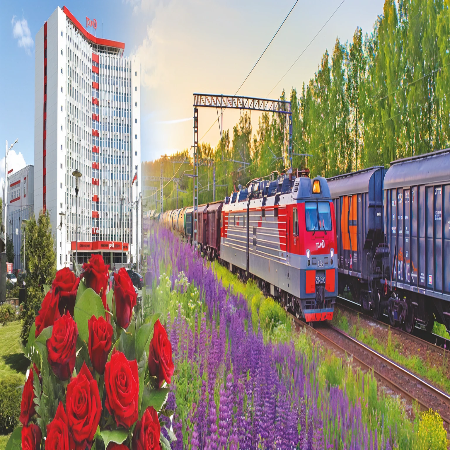 there is a train that is going down the tracks with flowers in front of it, train, beautiful high resolution, springtime morning, with flower fields as foreground, beautiful russia of the future, trains in the background, by Igor Grabar, summer morning, beautiful scenery, high quality photo, railways, train station in summer, summer setting, incredibly beautiful, lush scenery