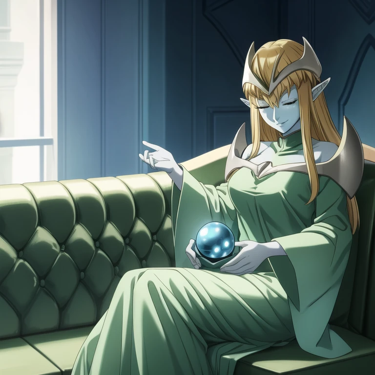 mysticalygo, mystical elf, smile, friendly look, medium breasts, eyes closed, green dress, long skirt, large sleeves, blue skin, blonde hair, long hair, Yugioh, couches, sitting, room