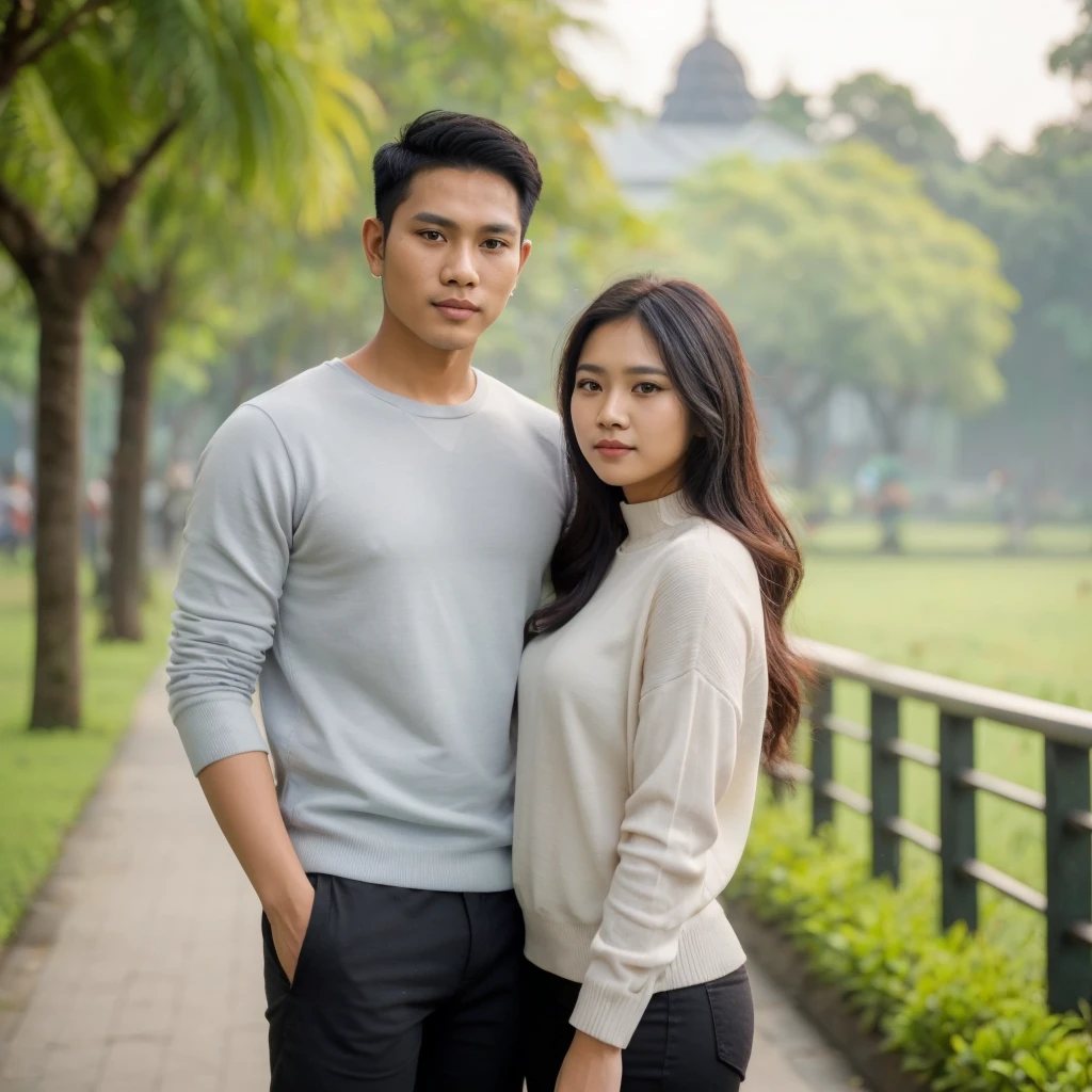 A handsome Indonesian man is relaxing with his beautiful black-haired girlfriend. background taman