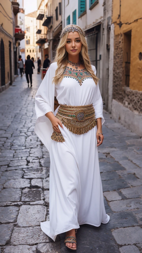 beautifull hot german blonde, robe kabyle, berber, amazigh dress, kabyledress, tizi ouzou, berber outfil, kabylegirl, bijoux, street background, full body, realistic, white robe