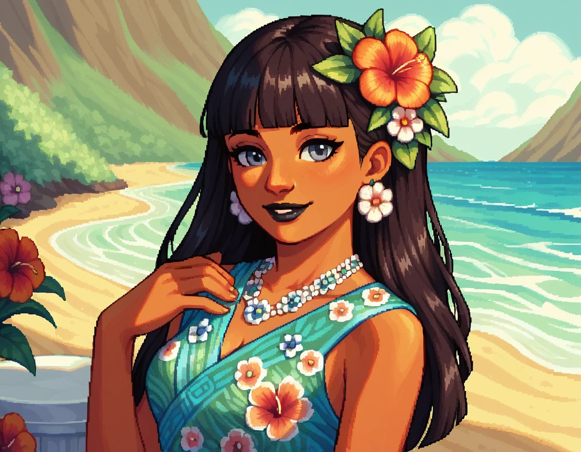 score_9, score_8_up, score_7_up, pixel art, 1girl, beach background, Polynesian, brown skin, traditional Polynesian dress , sunny, lovely, hime cut hair, gentle smile, grey eyes, black lips, black eyes, flowers in hair