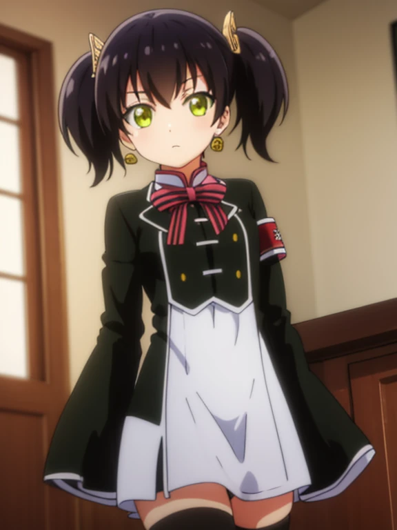 kochouwang, kochou wang, short hair, black hair, twintails, (green eyes:1.3),
BREAK thighhighs, long sleeves, dress, bow, ribbon, jewelry, earrings, black thighhighs, sleeves past wrists, chinese clothes, armband, sleeves past fingers,
BREAK indoors, classroom,
BREAK looking at viewer, (cowboy shot:1.5),
BREAK (masterpiece:1.2), best quality, high resolution, unity 8k wallpaper, (illustration:0.8), (beautiful detailed eyes:1.6), extremely detailed face, perfect lighting, extremely detailed CG, (perfect hands, perfect anatomy),