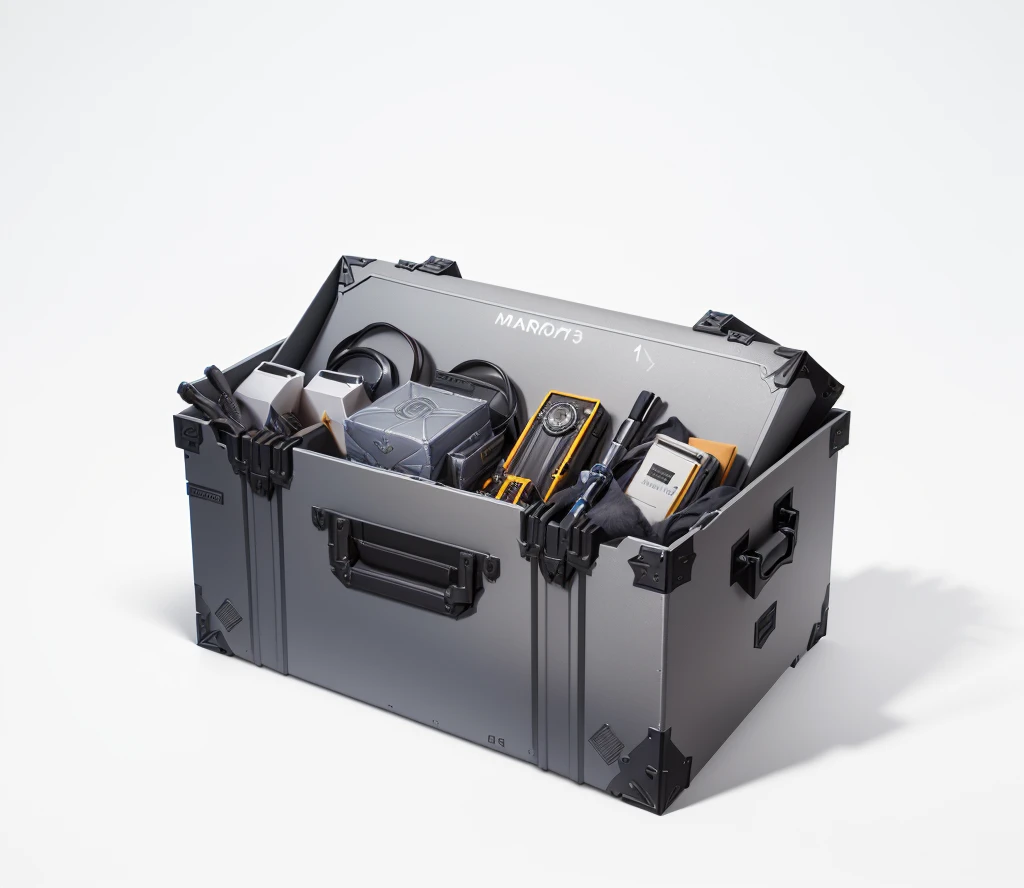 There is a large gray box with a handle, Marmoset Tool Kit render, Marmoset Tool Kit, 4, Unreal Engine4, Tool Kit, 8K, Holographic case display, ( ( Unreal Engine ) ), Marmoset Tool Kit rendered, Role Playing Game Items, ue 5, Unreal Engine5, Loot Boxes, Hard Surface 3D