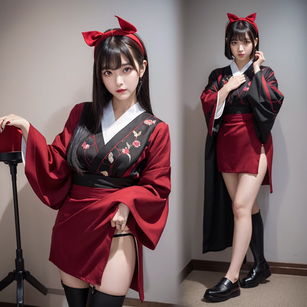 Urzan-6500-v1.1, (RAW Photos:1.2), (Photorealistic), (Genuine:1.4), (Pieces fly), Elegant woman with a perfect figure: 1.3, Jet Black Hair、((Straight bob hair with neatly trimmed ends、bangs、Red Hairband))、(She is wearing a deep purple furisode with an elegant pattern..)、Standing with the fan closed、Majestic Hall々, (A look full of murderous intent:1.2)、 Highly detailed face and skin, Beautiful Eyes, double eyelid, Full Body Shot:1.2、Wearing short boots、(1 person:1.4)、With panties、