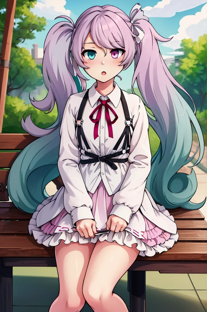 masterpiece, best quality, highres, nigomiku, heterochromia, aqua eyes, pink eyes, white skirt, sitting, table, bench, :o, outdoors