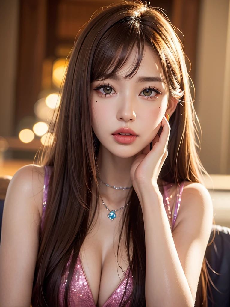 1girl, alone, solitary, high quality, (best quality,4k,8k,highres,masterpiece:1.2),ultra-detailed,(realistic,photorealistic,photo-realistic:1.37),gorgeous hair,caramel hair,long straight hair with bangs,sharp eyes,mole under the eye,plump lips,jewelry,(high detailed skin:1.4),(rim lighting:1.3),(lit:1.3),(sunny day:1.3),portrait,beautiful lips,waist-length hair,seductive gaze,moles,casual clothes,colorful clothing,close up,super long hair,choker necklace,light eyes,bangs,fringe,28 year old,dimples on the cheeks,dimples,caramel brown hair,lighthair,light brown hair,black,red lips,red lipstick,round lips,round pouty lips,pouty lips,douyin makeup,sparkly makeup,glitter,contact lenses,blue,green,pink,purple,wine red,chocolates hair,light hair