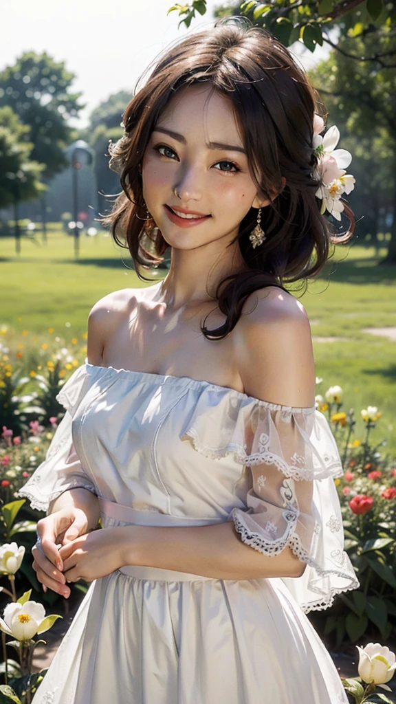 Best quality, masterpiece, ultra high res, (photorealistic:1.4), raw photo, 1girl, white dress, off shoulder, blossom flower field, glowing skin, light smile
