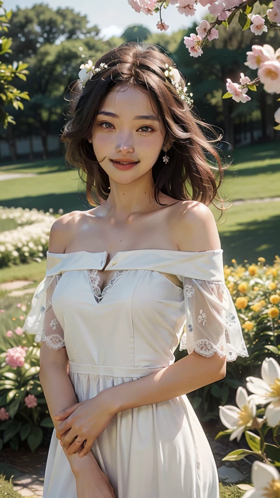 Best quality, masterpiece, ultra high res, (photorealistic:1.4), raw photo, 1girl, white dress, off shoulder, blossom flower field, glowing skin, light smile