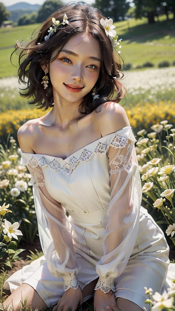 Best quality, masterpiece, ultra high res, (photorealistic:1.4), raw photo, 1girl, white dress, off shoulder, blossom flower field, glowing skin, light smile