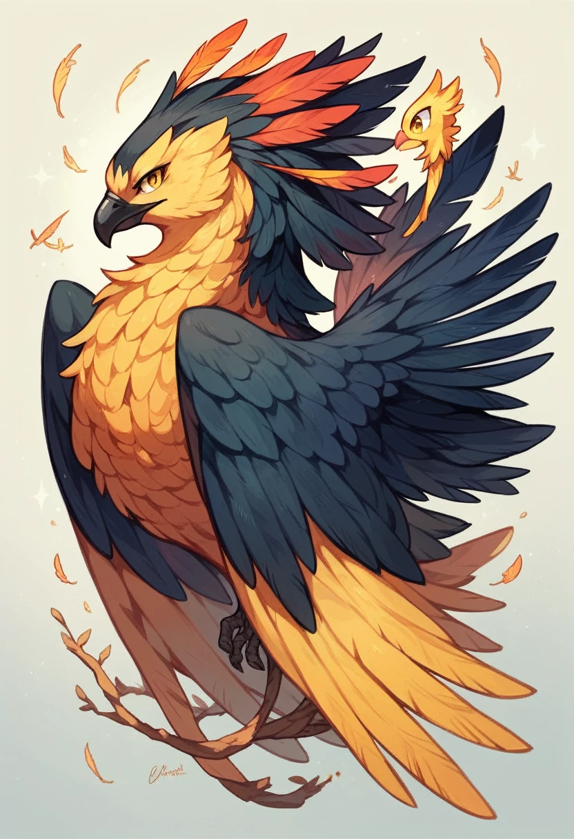 Award-winning photograph of a phoenix, yellow eyes, black feathers, golden feathers, bright feathers, magical, superb, fantasy art concept, intricate details, Best Quality, Masterpiece, ultra sharp.