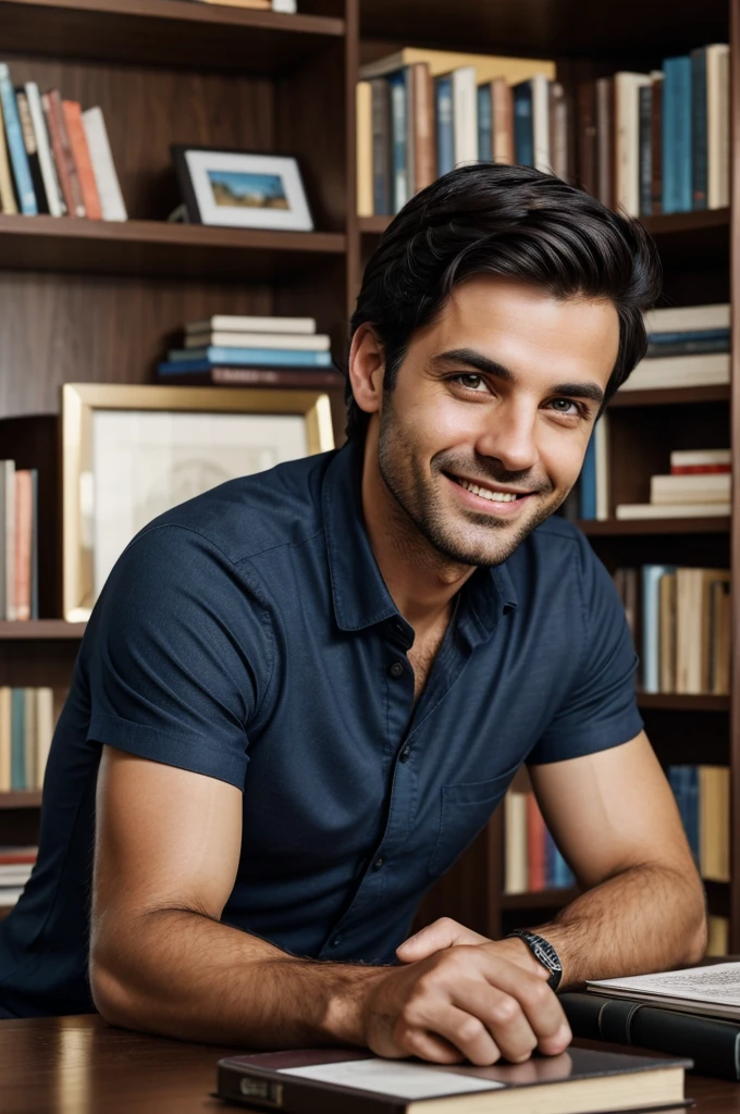 Image of a charismatic and friendly man, with dark hair and expressive eyes. He is wearing a casual shirt and has a warm smile on his face.. His gaze reflects curiosity and confidence.. He is surrounded by books and technology, showing your passion for knowledge and innovation