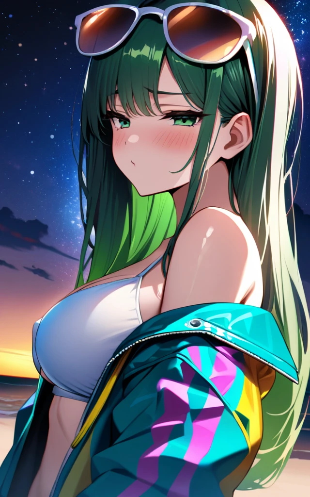 (masterpiece)、(absurdres)、(ultra detailed)、(shiny dark green hair)、(solo girl)、(dark green eyeiddle breast:0.9、(straight long hair、BREAK,(off shoulder colorful jacket,white bikini),BREAK,sunglasses on a head、half-closed eyes,from front,Pouting、southern Island beach、blush,Starry Sky、moonlight,