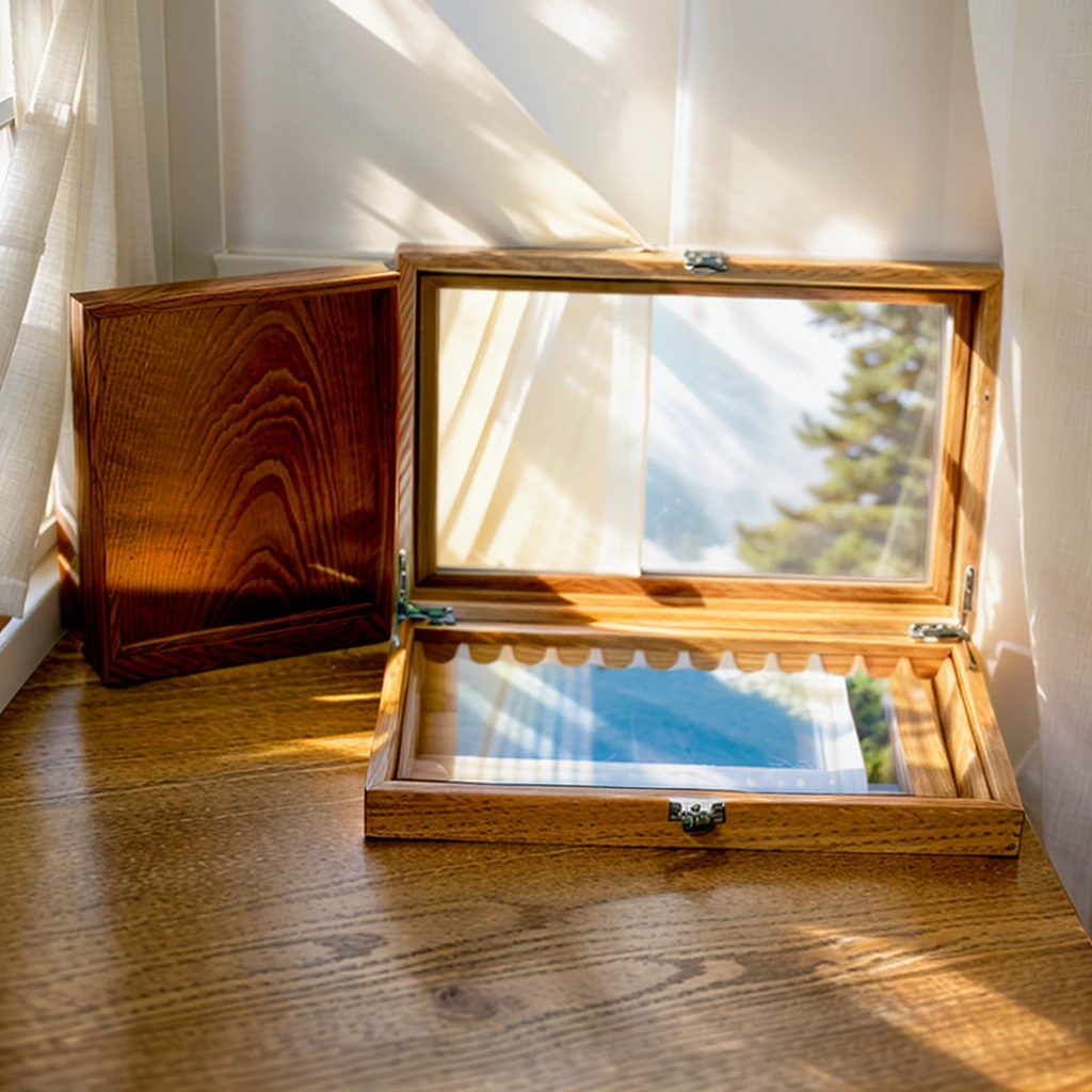 In this cozy room,A ray of sunlight shone through the half-drawn curtains on the table,Let the wood grain on the watch storage box shine with a faint luster。There was a calm and peaceful atmosphere in the air around them。There are several still lifes hanging on the walls of the room,It adds a touch of elegance to the space。And on the other side of the room,The half-open window lets in the breeze,The pages on the small desk by the window turned in the wind,This quiet scene gives a sense of tranquility and comfort。