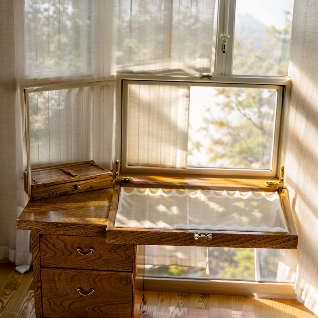 In this cozy room，A ray of sunlight shone through the half-drawn curtains on the table，Let the wood grain on the watch storage box shine with a faint luster。There was a calm and peaceful atmosphere in the air around them。There are several still lifes hanging on the walls of the room，It adds a touch of elegance to the space。And on the other side of the room，The half-open window lets in the breeze，The pages on the small desk by the window turned in the wind，This quiet scene gives a sense of tranquility and comfort。
