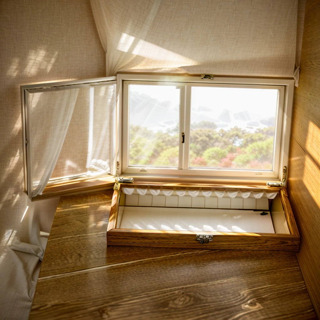 In this cozy room,A ray of sunlight shone through the half-drawn curtains on the table,Let the wood grain on the watch storage box shine with a faint luster。There was a calm and peaceful atmosphere in the air around them。There are several still lifes hanging on the walls of the room,It adds a touch of elegance to the space。And on the other side of the room,The half-open window lets in the breeze,The pages on the small desk by the window turned in the wind,This quiet scene gives a sense of tranquility and comfort。
