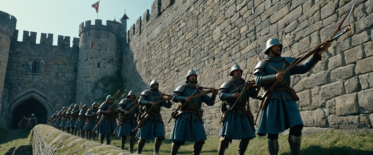 score_9, score_8_up, score_7_up, source_photo, photography, photorealistic, detailed, cinematic angle, rating safe, from below, Wide shot, Medieval soldiers on the ramparts with crossbows at the ready, masterpiece, best quality, 8k,