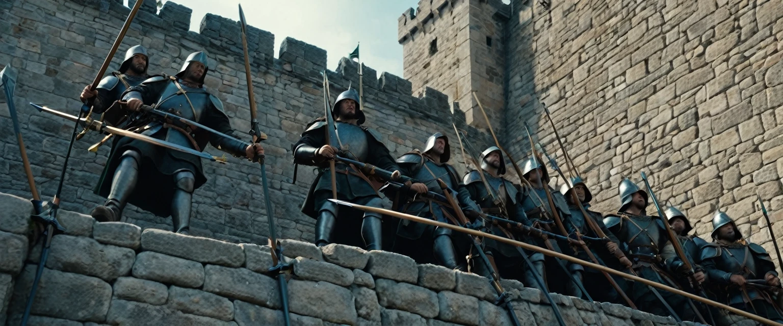 score_9, score_8_up, score_7_up, source_photo, photography, photorealistic, detailed, cinematic angle, rating safe, from below, Wide shot, Medieval soldiers on the ramparts with crossbows at the ready, masterpiece, best quality, 8k,