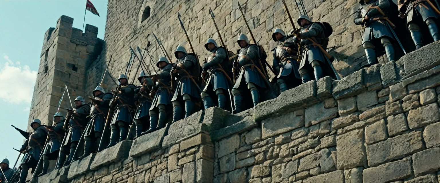 score_9, score_8_up, score_7_up, source_photo, photography, photorealistic, detailed, cinematic angle, rating safe, from below, Wide shot, Medieval soldiers on the ramparts with crossbows at the ready, masterpiece, best quality, 8k,