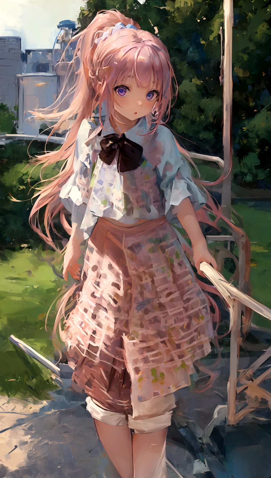 masterpiece、top-quality、hight resolution)、 Real life adaption for this character, Masterpiece, high quality, best lighting, cinematic, 1girl, long hair, pink hair, ponytail, crop top, underboob, cowboy shot, ((mini short pants)), (perfect body), (((big thigh))), looking at viewer, standing, pool