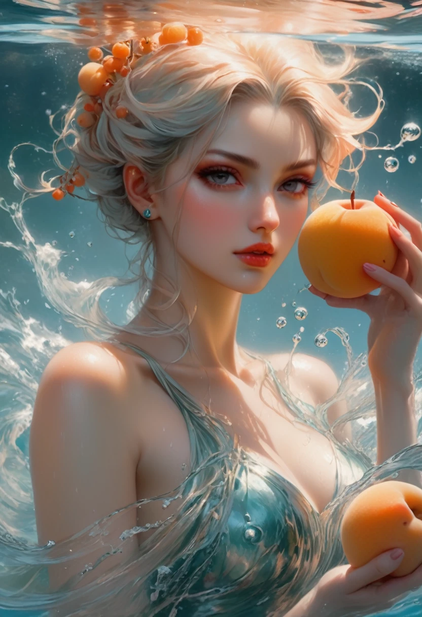 photo of apricot and water, with a light orange and transparent texture style, anime aesthetics, interesting complexity, berry punk, gorgeous colors, 32k uhd, karol bak