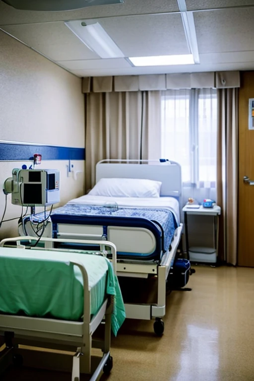 Hospital room　Bright interior　There is a portable electrocardiogram machine next to the bed.　There are no sick people