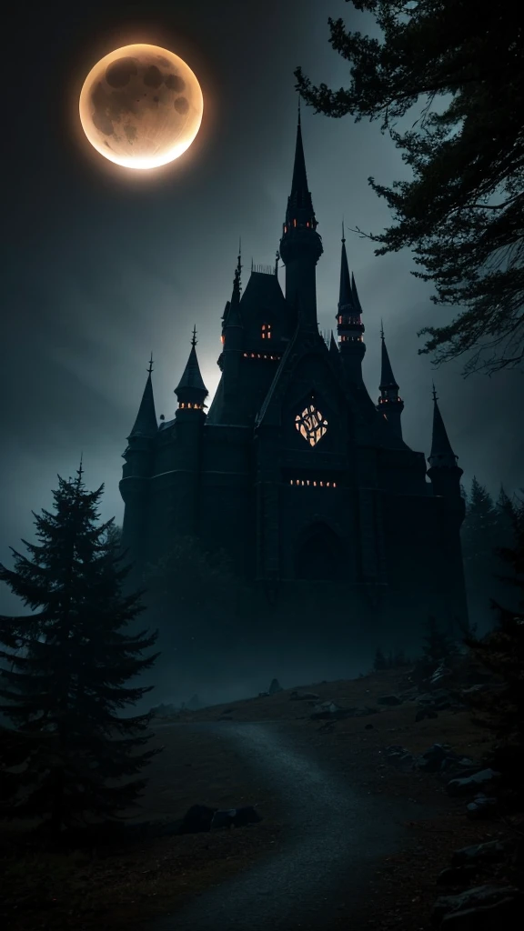 Dark forest with a elf castle and a eclipse above it