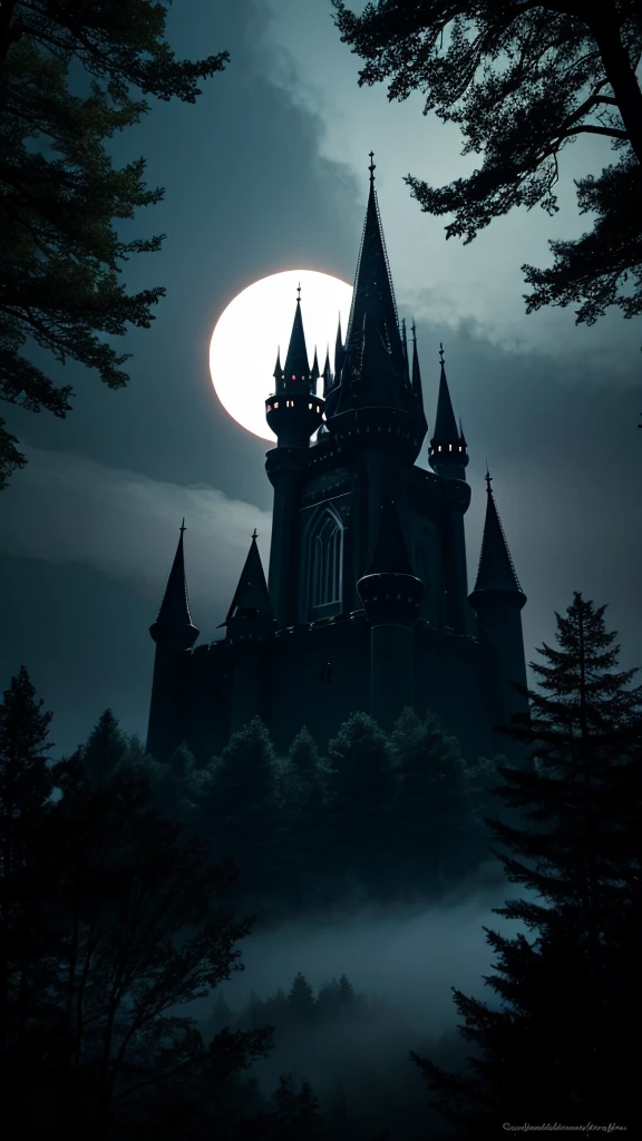 Dark forest with a elf castle and a eclipse above it
