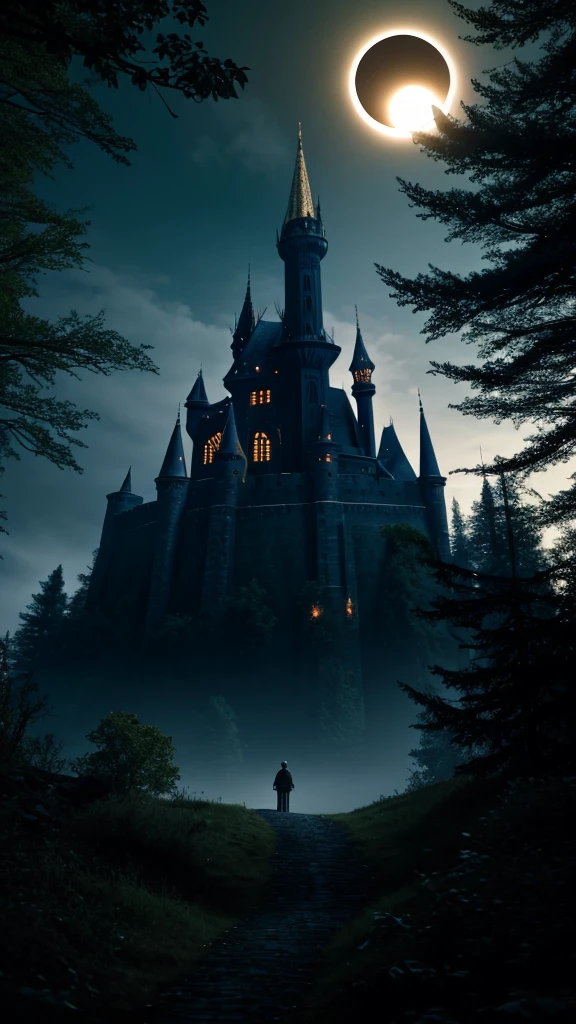 Dark forest with a elf castle and a eclipse above it