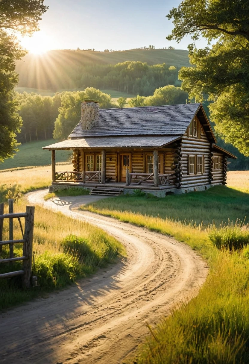 A rustic log cabin, nestled amidst rolling hills and a sprawling meadow, evokes a sense of peaceful solitude. The sun casts long shadows across the dusty road, leading the eye towards the warmth and comfort of the cabin's welcoming porch.