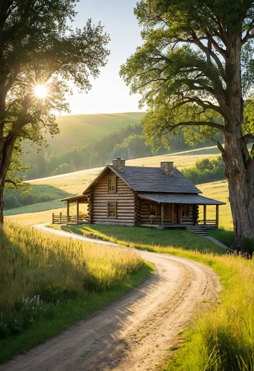 A rustic log cabin, nestled amidst rolling hills and a sprawling meadow, evokes a sense of peaceful solitude. The sun casts long shadows across the dusty road, leading the eye towards the warmth and comfort of the cabin's welcoming porch.