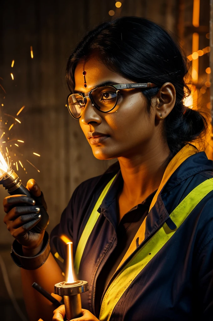 An indian woman with safety goggles and a welding torch, sparks flying, her face determined and focused.