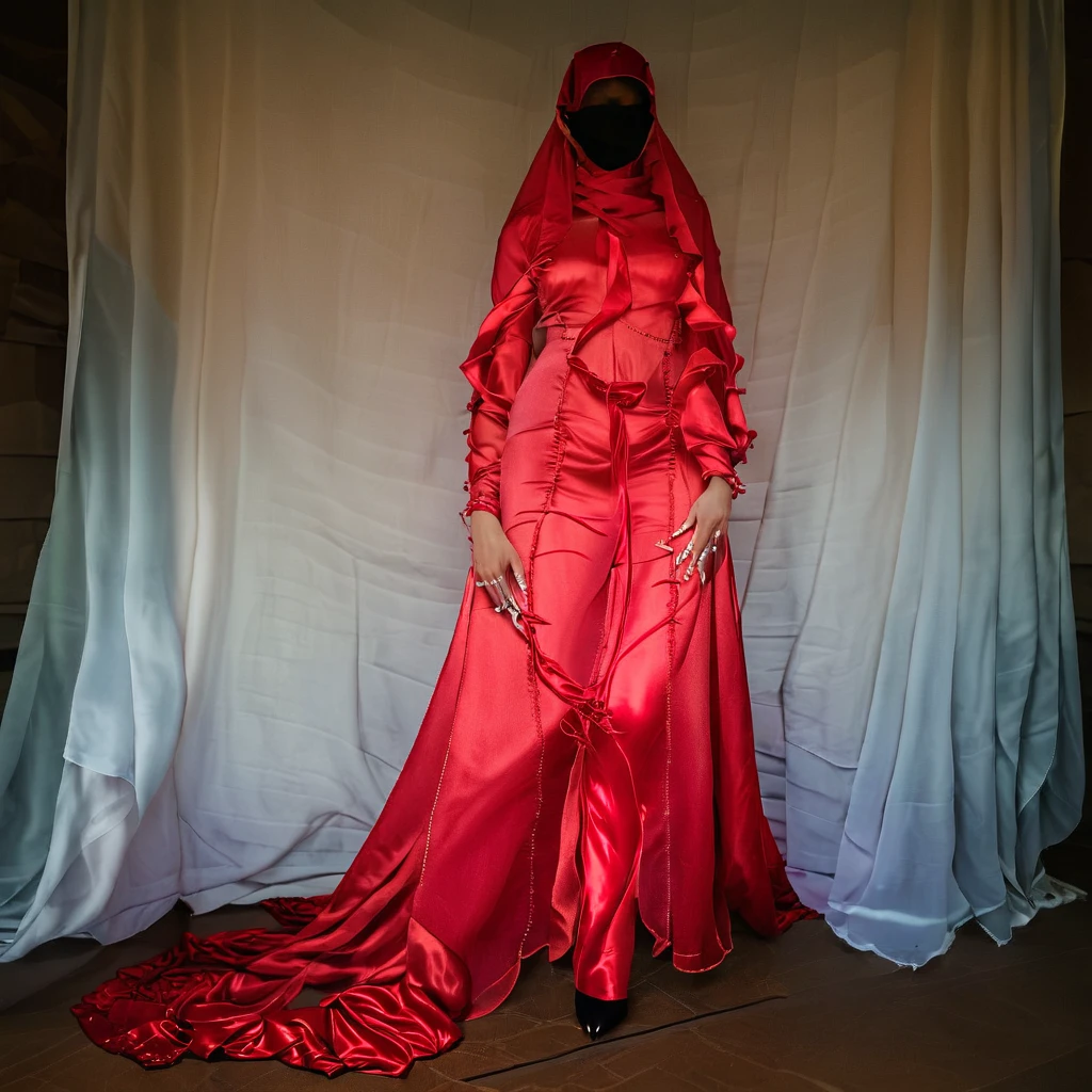 a woman in the translucent silk red gown, tight full body tied, satin sheet, nipple on with nipple piercing, wearing translucent veils, faceless, face cover with satin veil, satin hijab, full body, long satin,mermaid tight long gown, flowy dramatic long gown, tall women, satin bed, strugle to walk, wear high heels, satin bed, masterpice