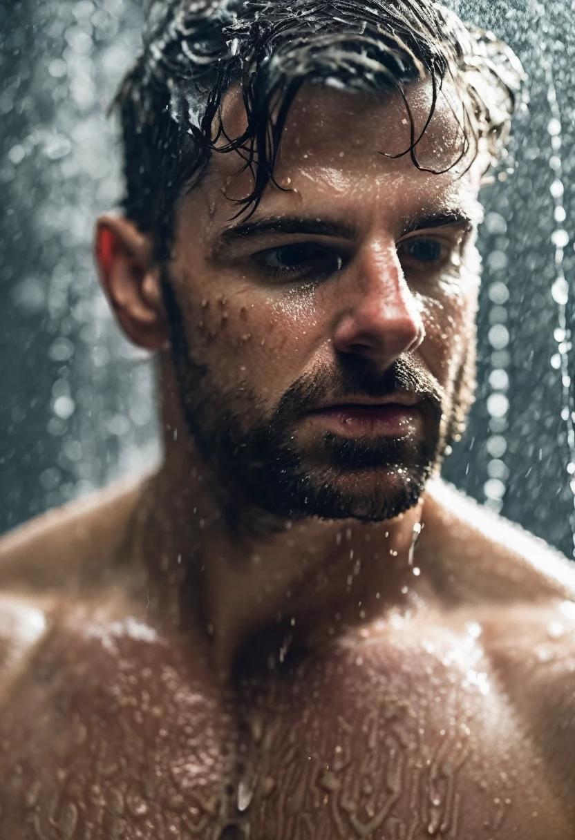 random upper body photography, dark gym team shower, ((a man taking hot shower alone)),  looking into camera, (natural skin, natural texture), ((((lots of mist)))), soft cinematic light, adobe lightroom, photolab, intricate, highly detailed, sharp focus, ((((cinematic look)))), insane details, intricate details, hyperdetailed, low contrast, soft cinematic light, exposure blend, dim colors, dim light, eyes closed