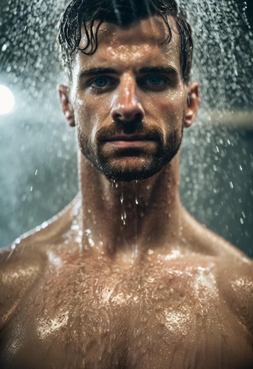 random upper body photography, dark gym team shower, ((a man taking hot shower alone)),  looking into camera, (natural skin, natural texture), ((((lots of mist)))), soft cinematic light, adobe lightroom, photolab, intricate, highly detailed, sharp focus, ((((cinematic look)))), insane details, intricate details, hyperdetailed, low contrast, soft cinematic light, exposure blend, dim colors, dim light, eyes closed