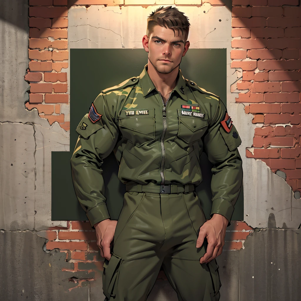 32k, high quality , detailed face , detailed hands , detailed muscles , stephen amell standing and posing as a military man wearing camouflage suit ,standing with spread legs, showing his muscles and bulge , ((background brick wall with lot of army posters ))