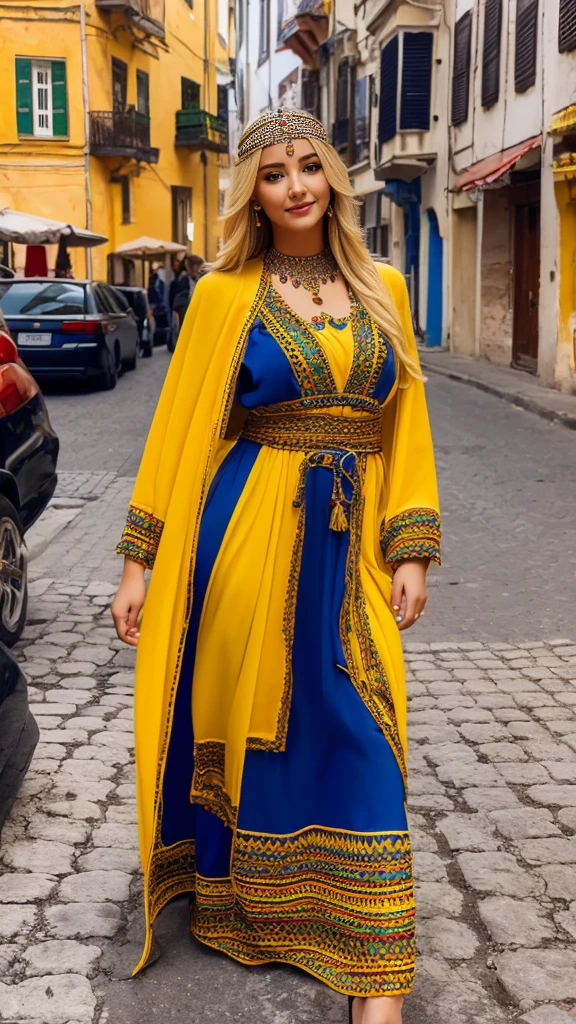 beautifull hot german blonde, robe kabyle, berber, amazigh dress, kabyledress, tizi ouzou, berber outfil, kabylegirl, bijoux, street background, full body, realistic,yellow robe