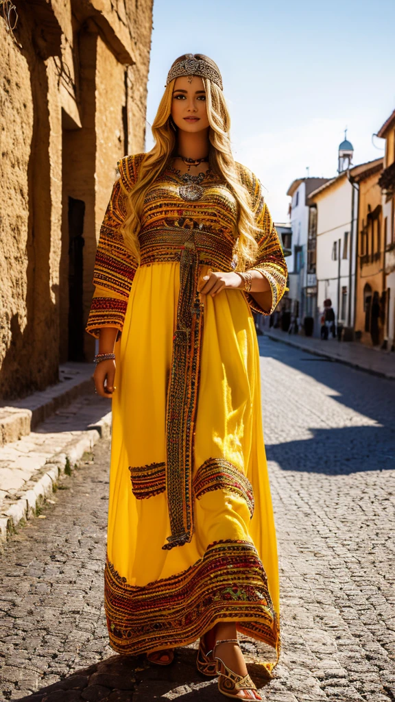 beautifull hot german blonde, robe kabyle, berber, amazigh dress, kabyledress, tizi ouzou, berber outfil, kabylegirl, bijoux, street background, full body, realistic,yellow robe