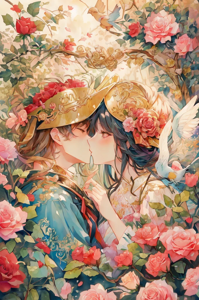 anime couple kissing in a garden with roses and a bird, peasant boy and girl first kiss, artwork in the style of guweiz, alphonse mucha and rossdraws, guweiz, korean art nouveau anime, kissing together cutely, a beautiful artwork illustration, lovely kiss, guweiz on pixiv artstation, beautiful anime artwork, official fanart