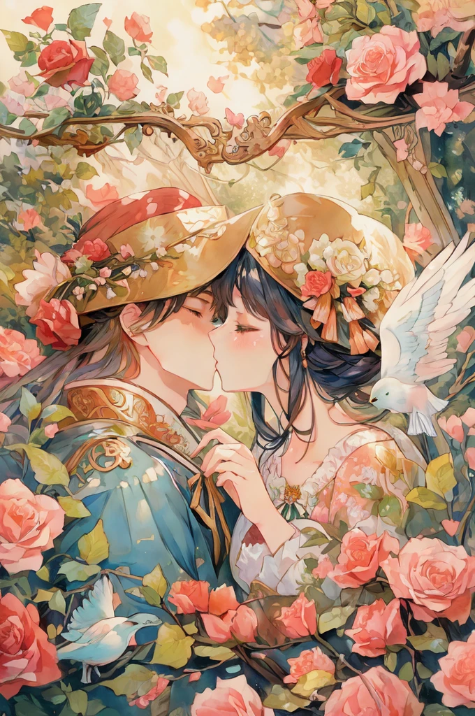 anime couple kissing in a garden with roses and a bird, peasant boy and girl first kiss, artwork in the style of guweiz, alphonse mucha and rossdraws, guweiz, korean art nouveau anime, kissing together cutely, a beautiful artwork illustration, lovely kiss, guweiz on pixiv artstation, beautiful anime artwork, official fanart