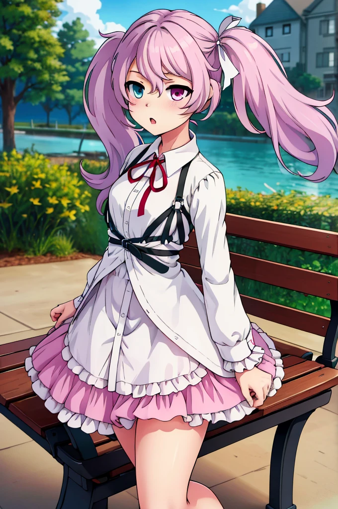 masterpiece, best quality, highres, nigomiku, heterochromia, aqua eyes, pink eyes, white skirt, pose random, bench, :o, outdoors