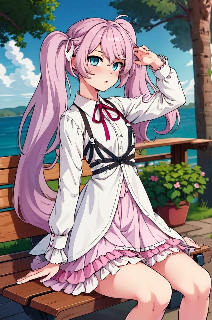 masterpiece, best quality, highres, nigomiku, heterochromia, aqua eyes, pink eyes, white skirt, pose random, bench, :o, outdoors
